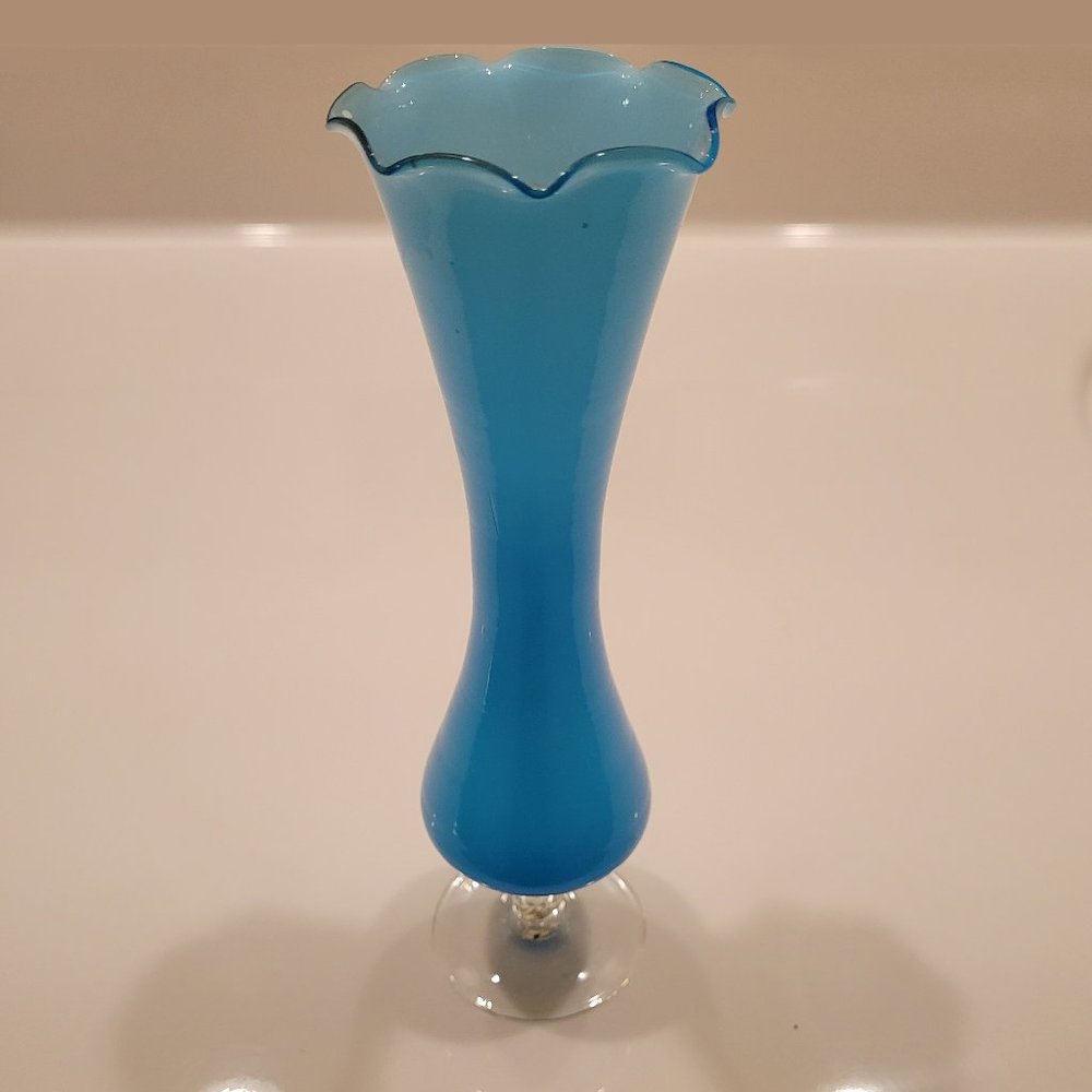 Vintage Turquoise Blue Cased Glass Ruffled Edge Bud Vase